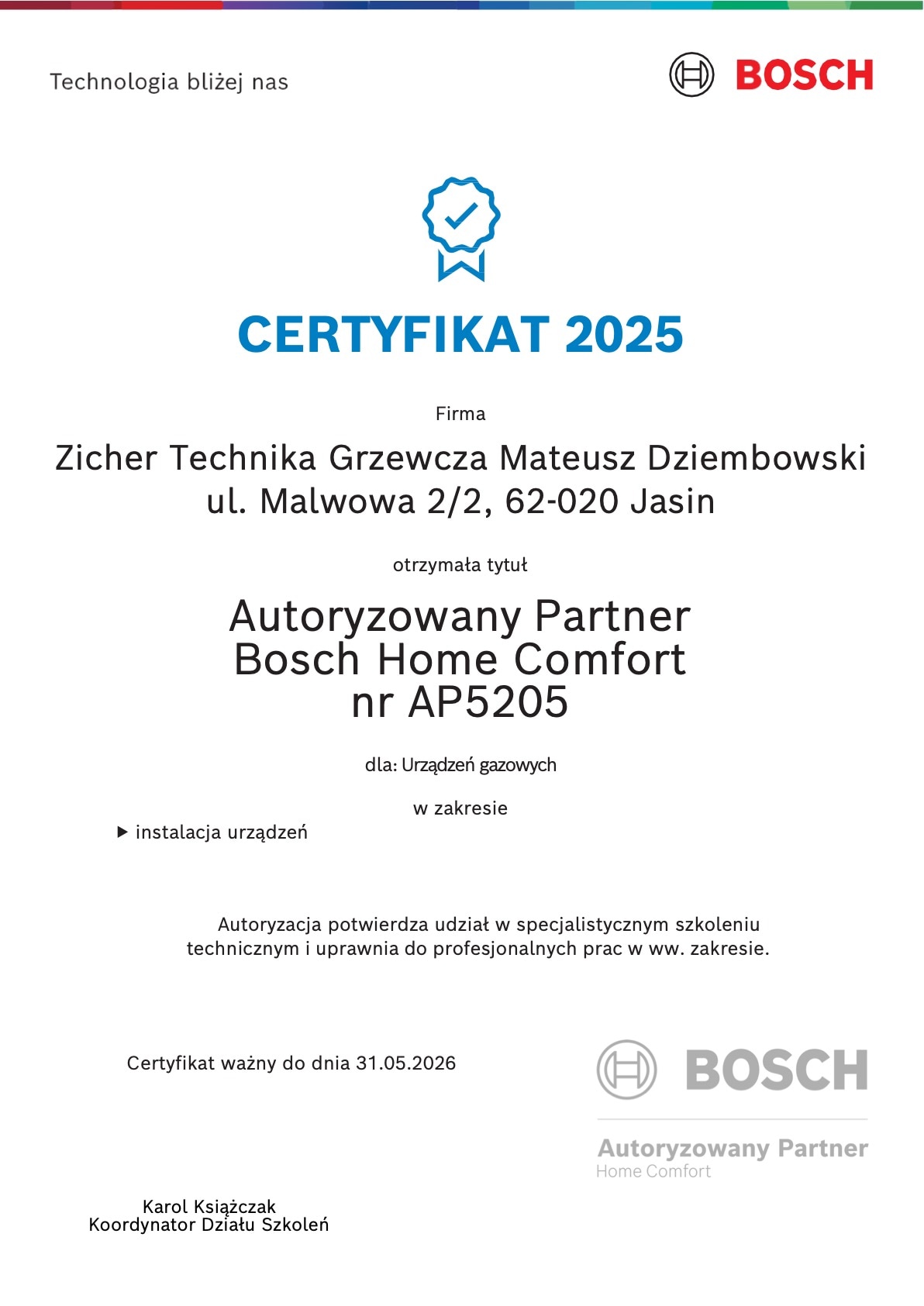 Autoryzowany partner Bosch certyfikat