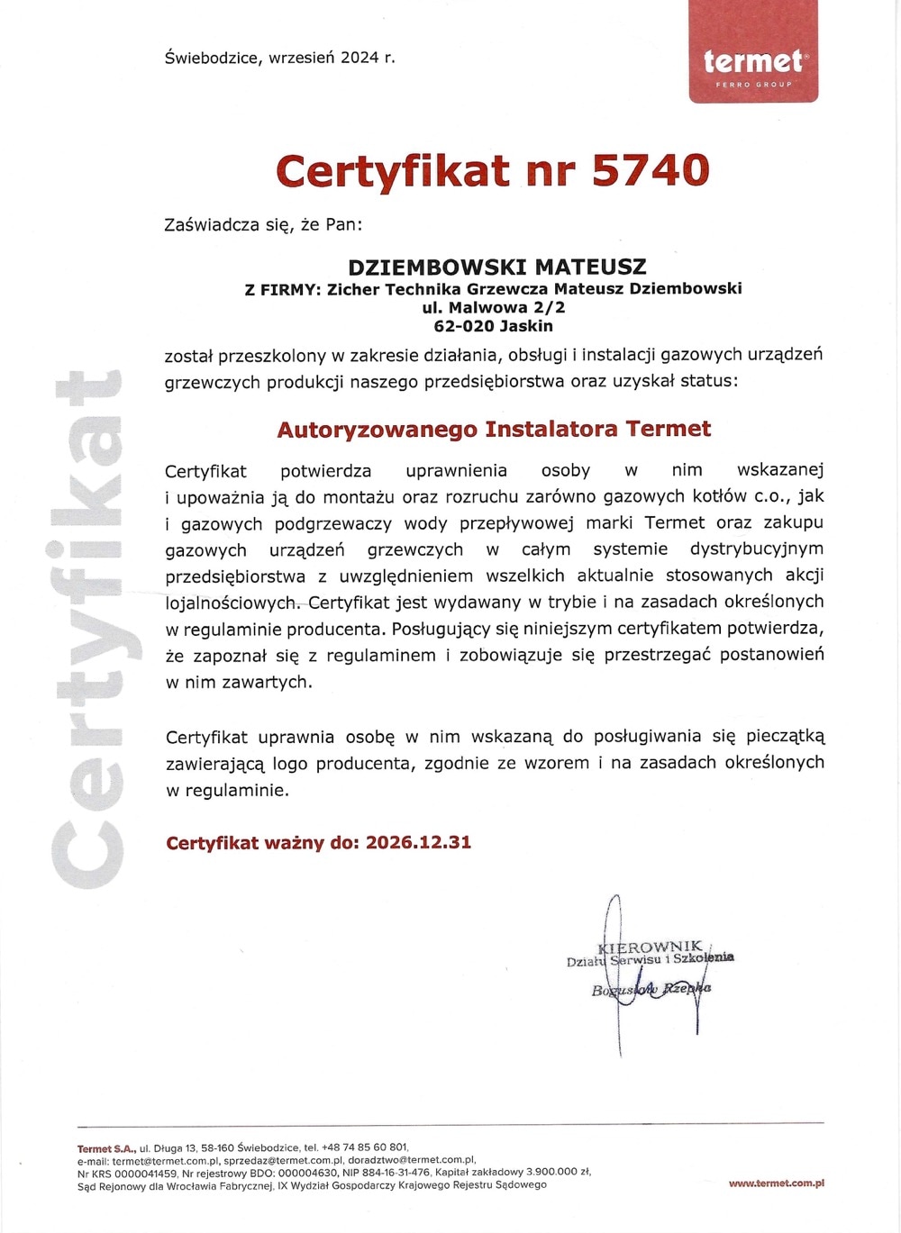 Autoryzowany instalator Termet certyfikat