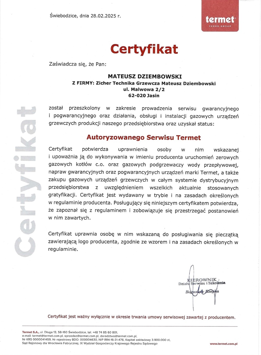 Autoryzowany serwis Termet certyfikat